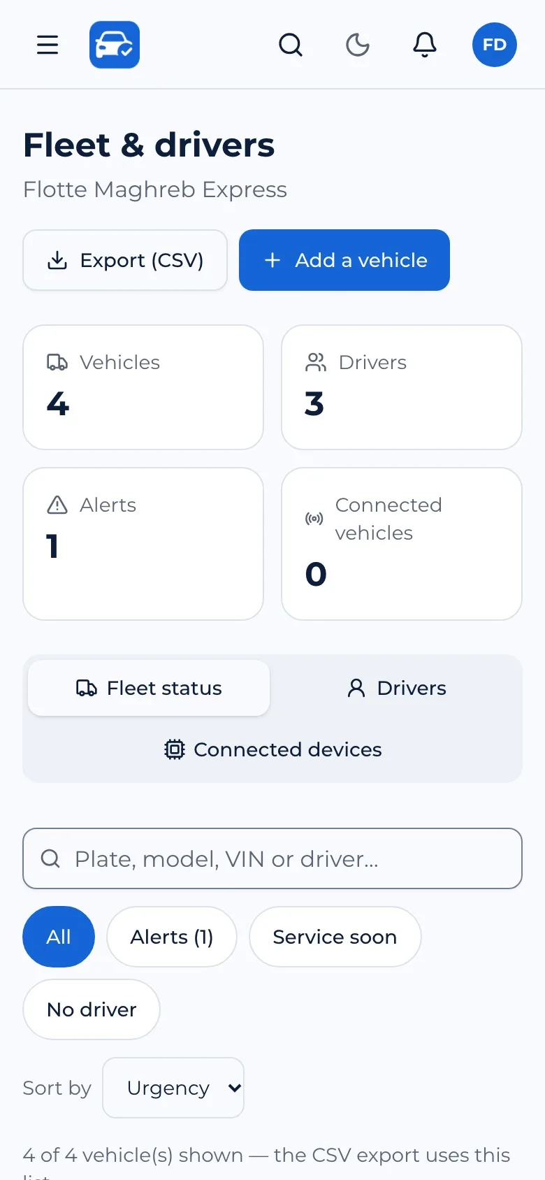 Fleet: status of every vehicle