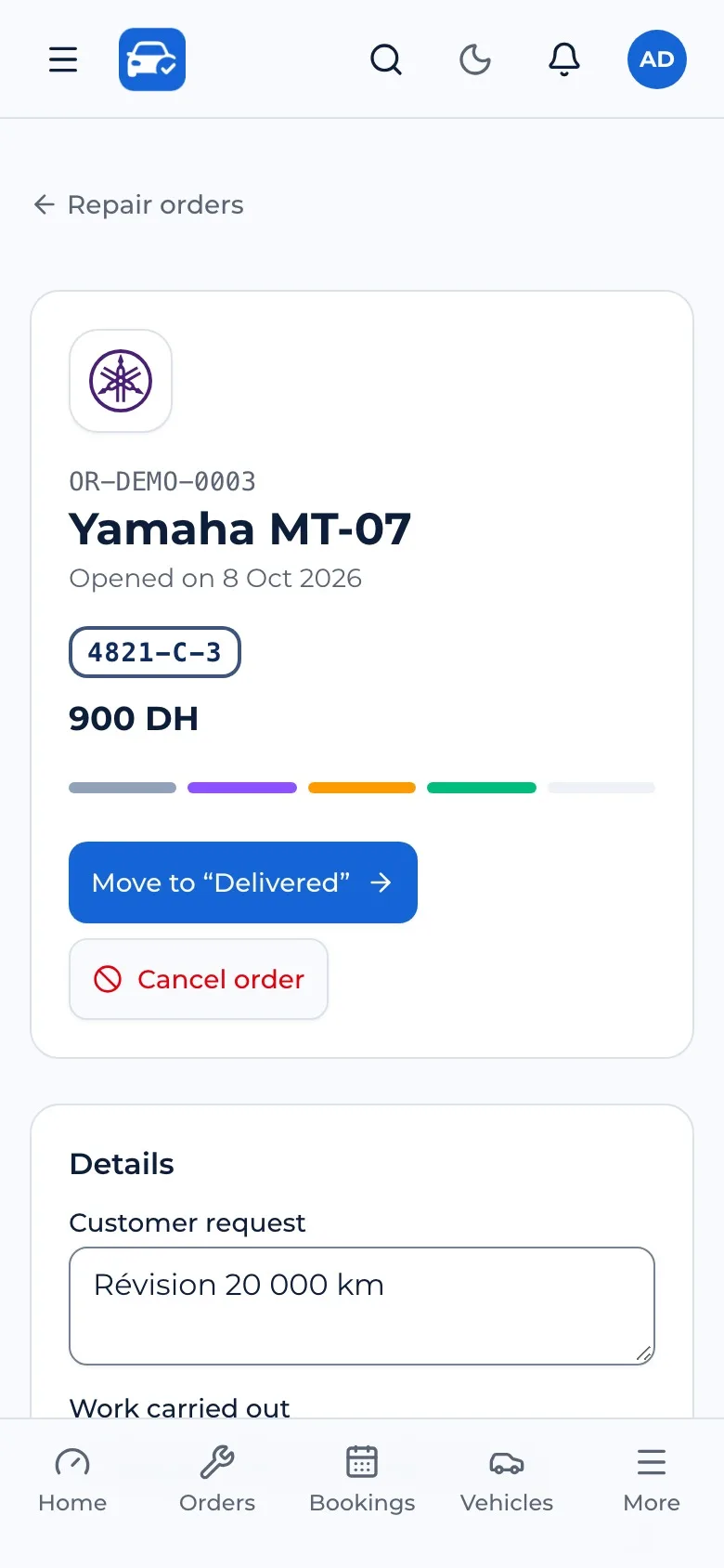 Repair order, parts and invoice