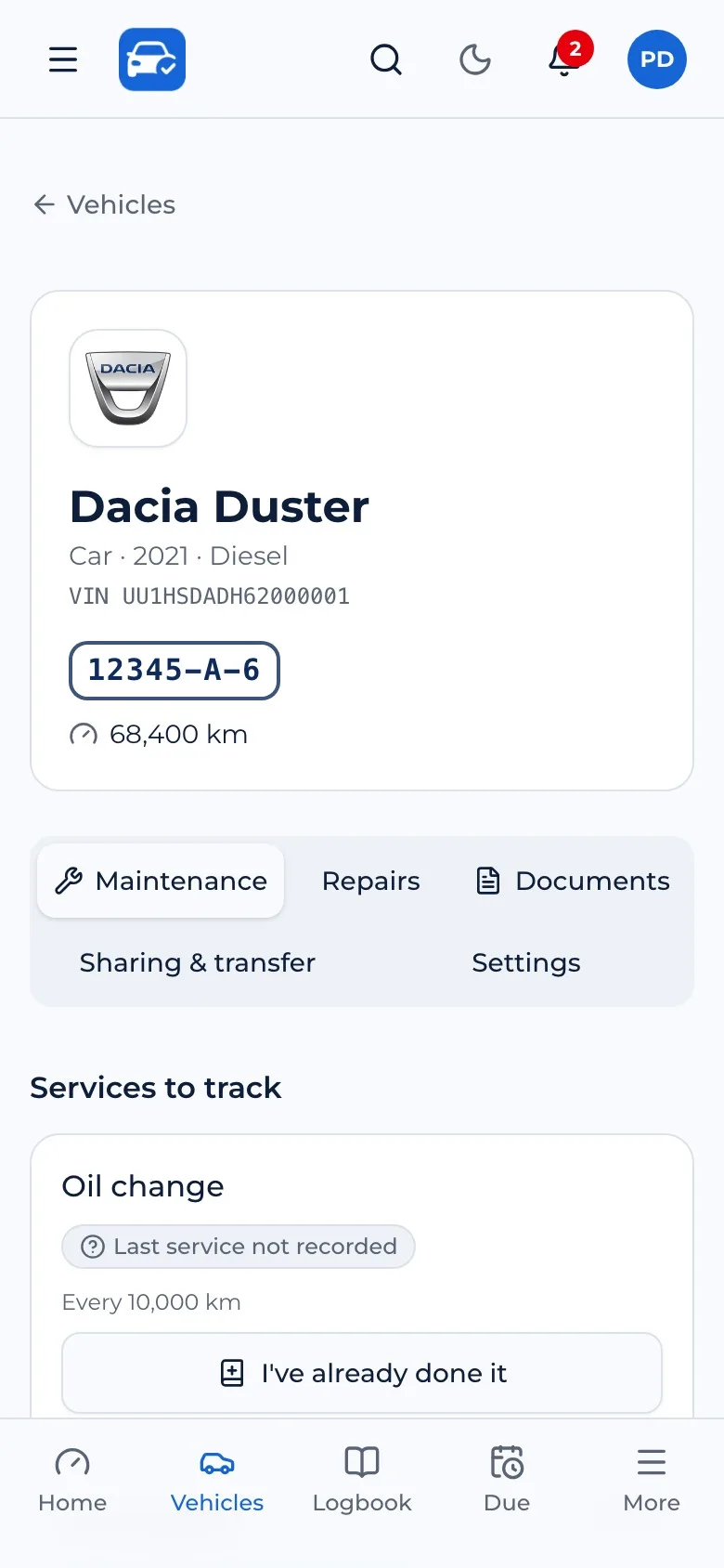 Vehicle page and service plan